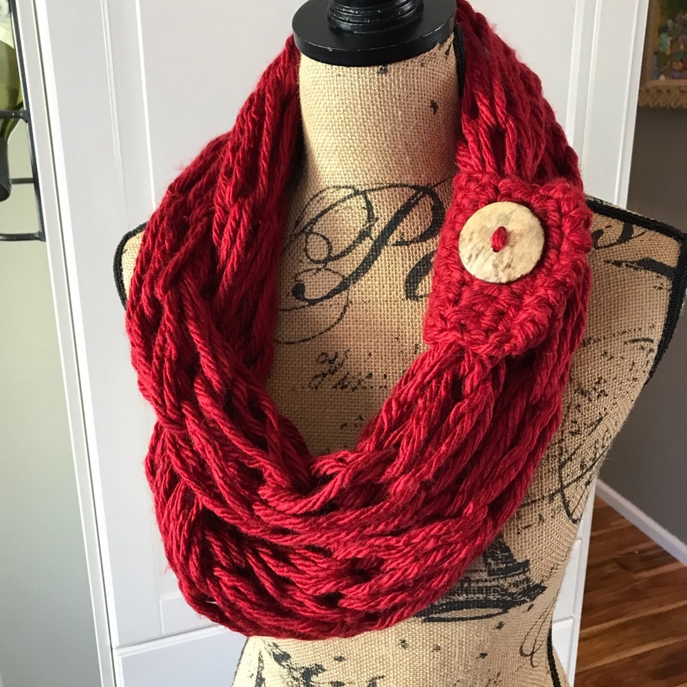 MunandMe knit infinity scarf red button cuff